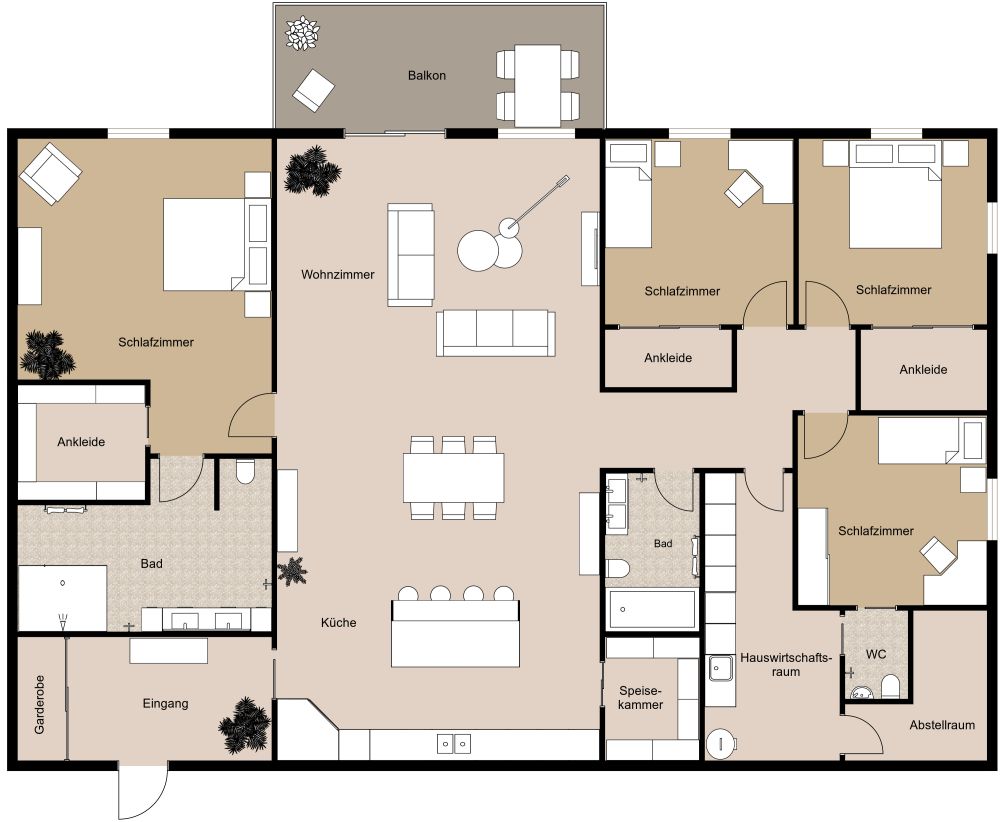 Wohnungsplan mit 4 Schlafzimmern und Balkon 2D Grundrisse