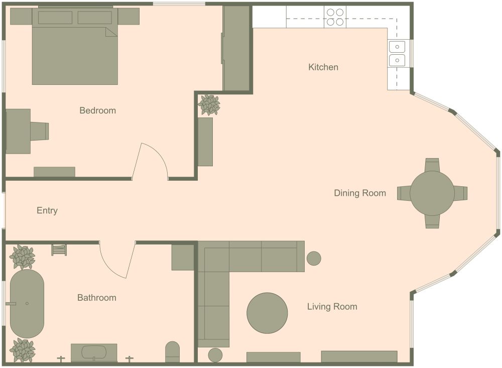 2D floor plan of a one-bedroom house with a central entry hall, open living area, L-shaped kitchen, and bay dining area.