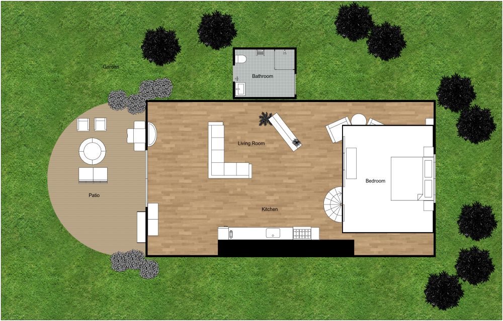 2D floor plan of an A-frame house with a loft bedroom, spiral staircase, open kitchen and living area, and front patio.