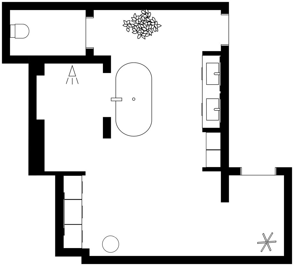 2D luxury bathroom layout with a central oval bathtub, double sinks along one wall, a separate shower, dressing vanity and enclosed toilet room.