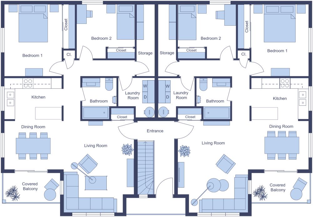 2 Story Fourplex 2D Floor Plan, First Floor