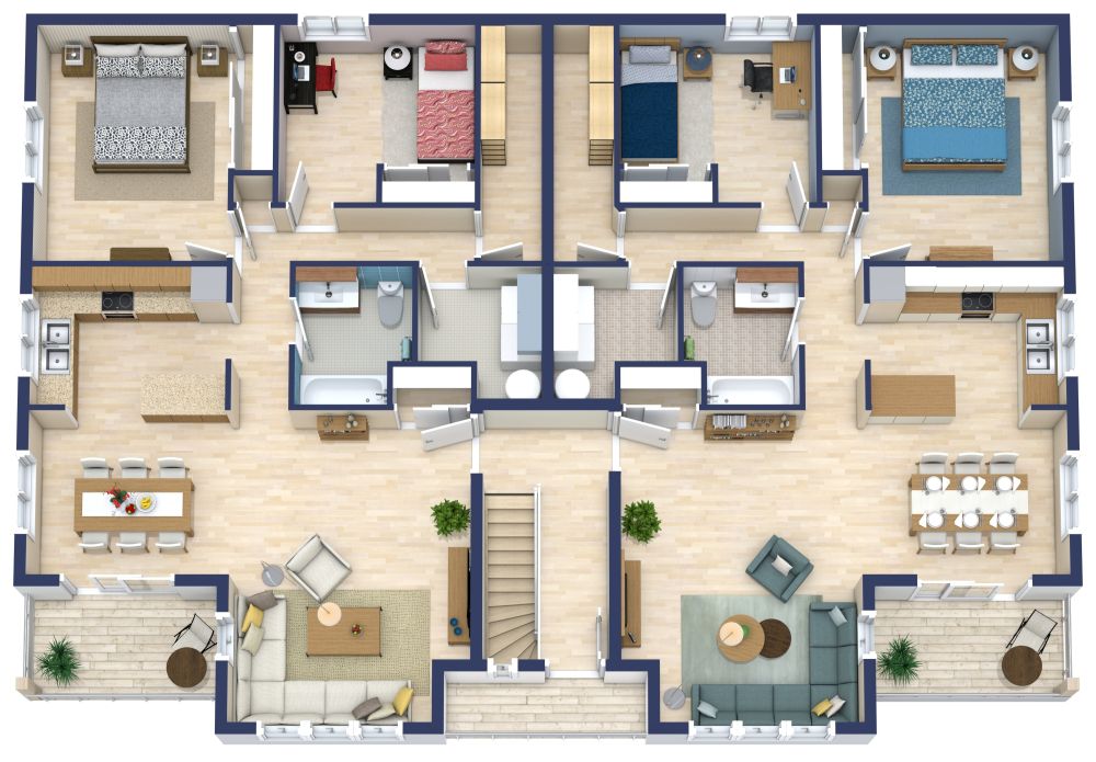 2 Story Fourplex 3D Floor Plan, First Floor