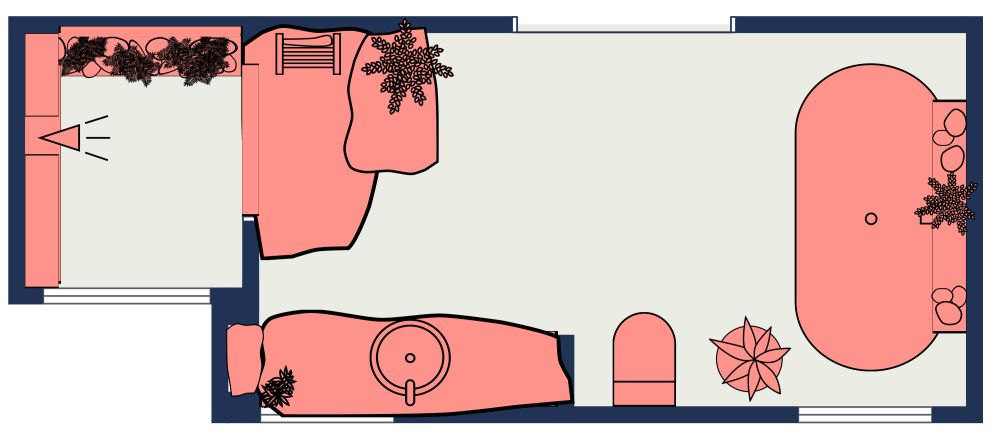 2D Mediterranean bathroom layout with double entry doors, a bathtub at one end, a separate corner shower, a sink and toilet.