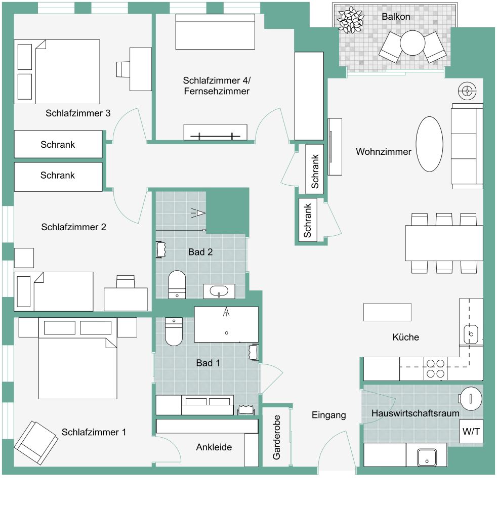 Wohnungsplan mit 4 Schlafzimmern und 2 Badezimmern 2D Grundrisse