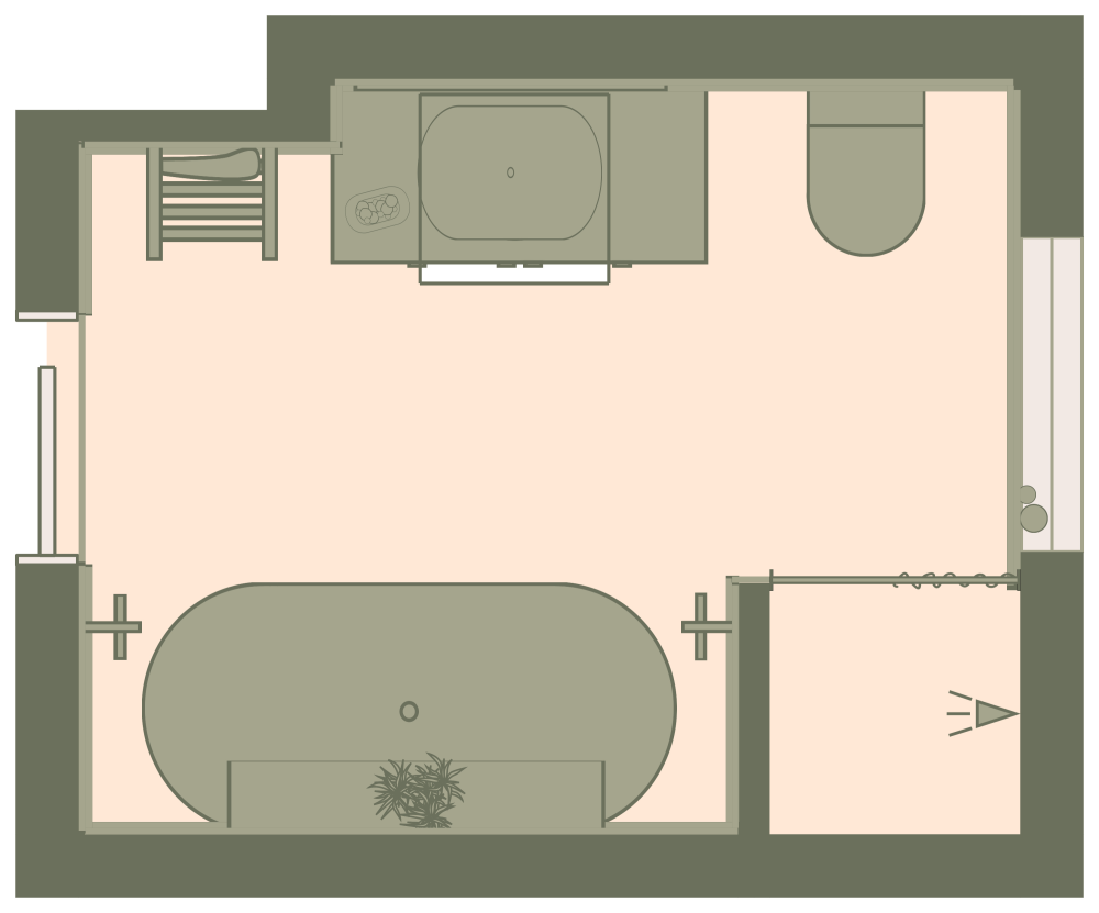 2D bathroom floor plan with a vanity and toilet along the top wall, bathtub below, and shower in the lower-right corner.