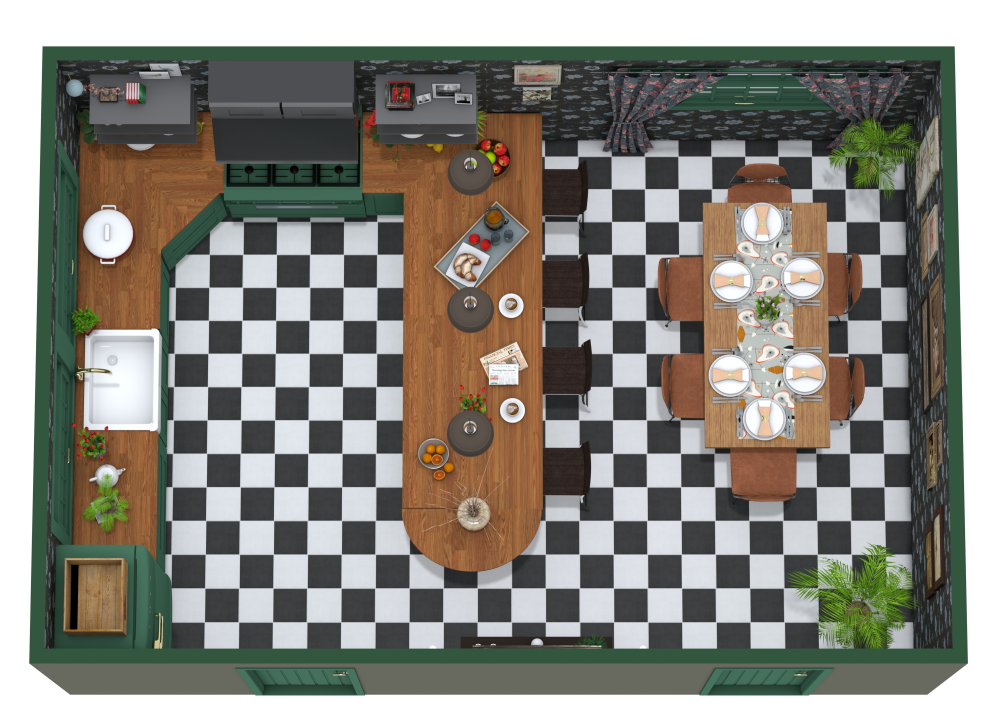 Vintage Maximalism U-Shaped Kitchen 3D Floor Plan