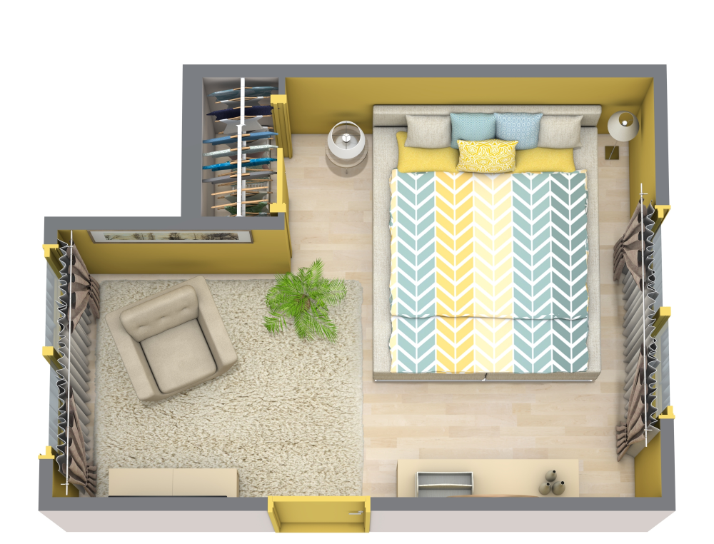 Yellow Primary Bedroom 3D Floor Plan