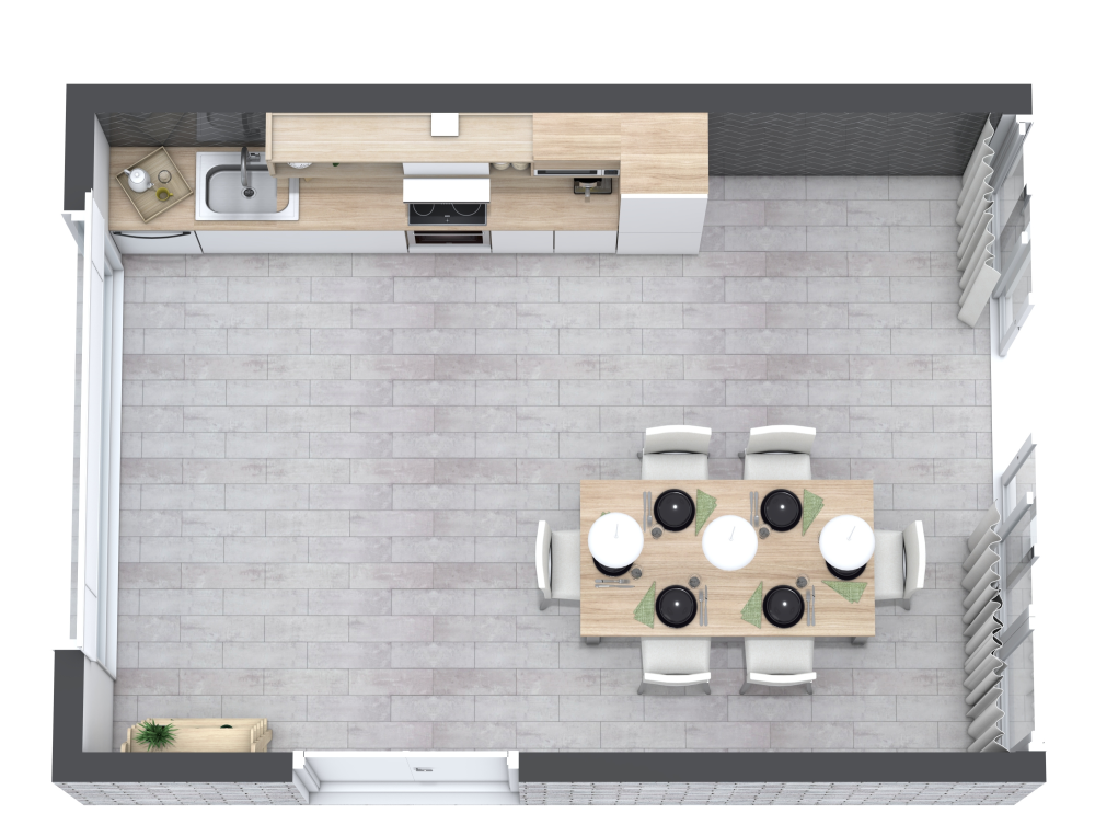 White Single Wall Kitchen 3D Floor Plan