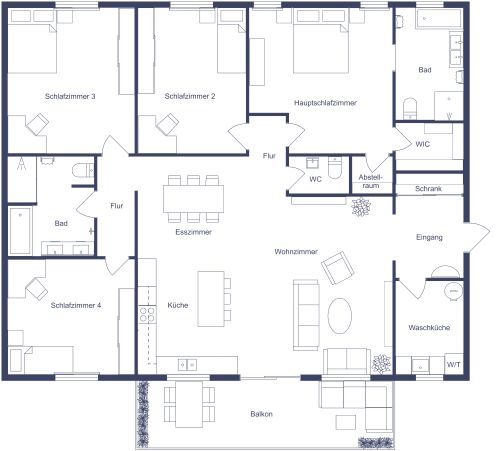 Wohnungsgrundriss mit 4 Schlafzimmern