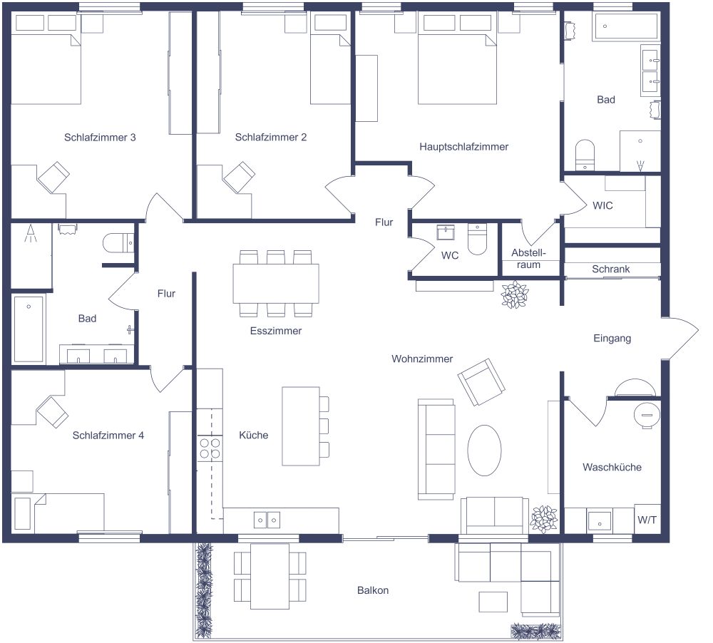 Wohnungsgrundriss mit 4 Schlafzimmern 2D Grundrisse