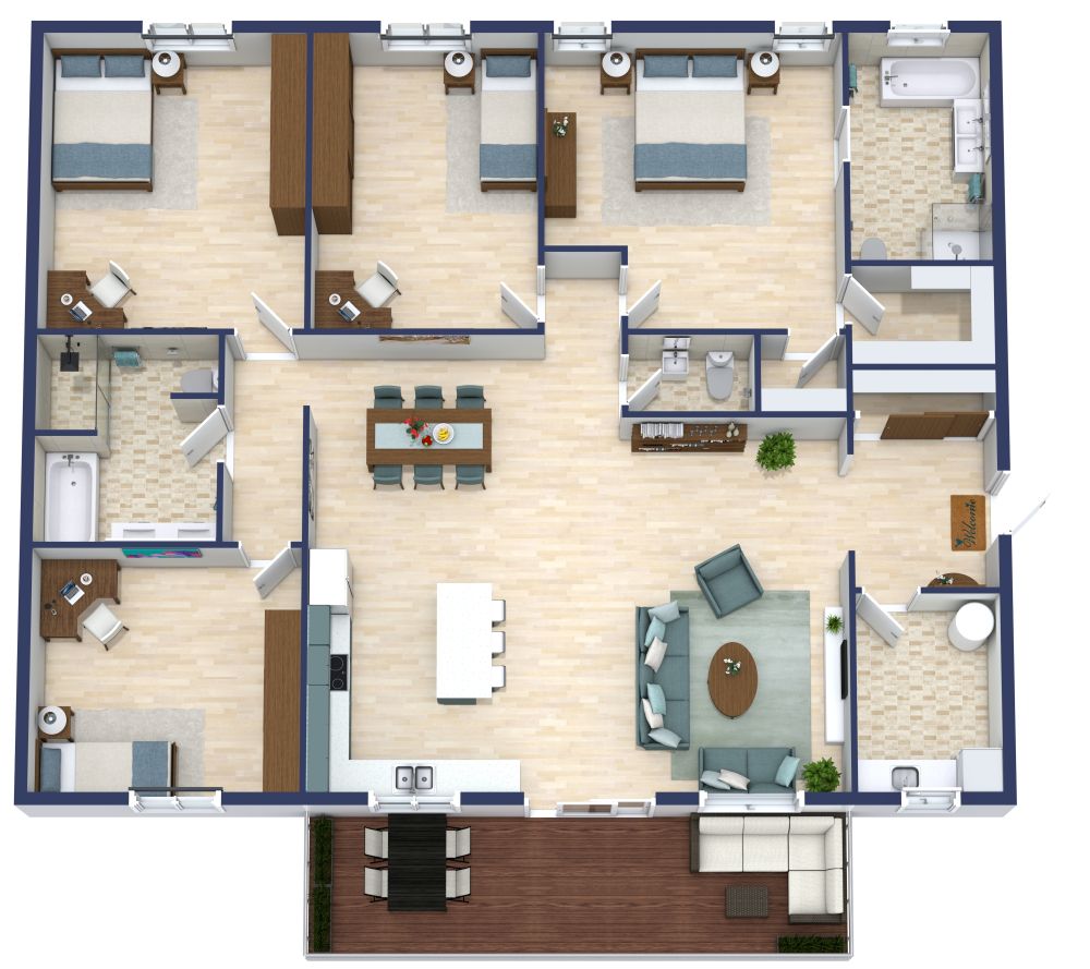 Wohnungsgrundriss mit 4 Schlafzimmern