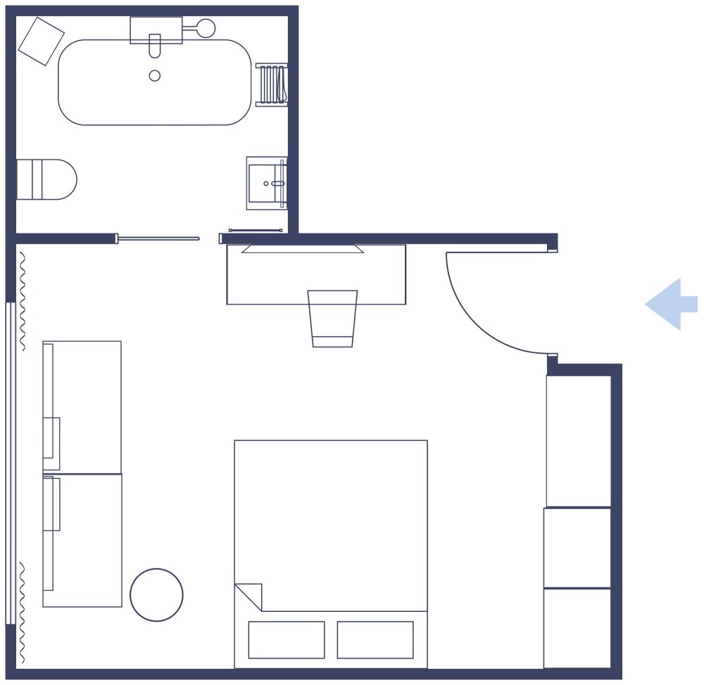 2D Floor Plan Luxury Hotel Room Design with King Size Bed