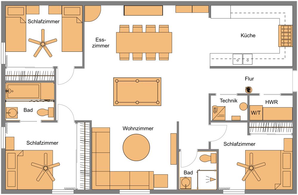 Wohnungsgrundriss mit großer Küche 2D Grundrisse