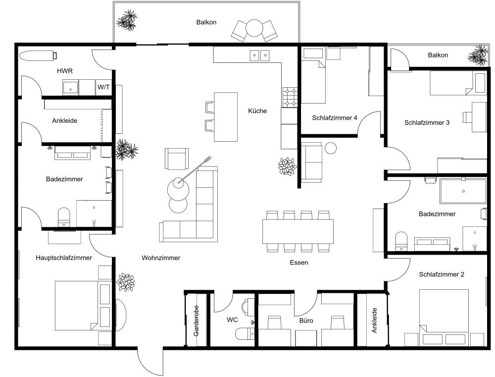 Großer Wohnungsplan mit 4 Schlafzimmern 2D Grundrisse