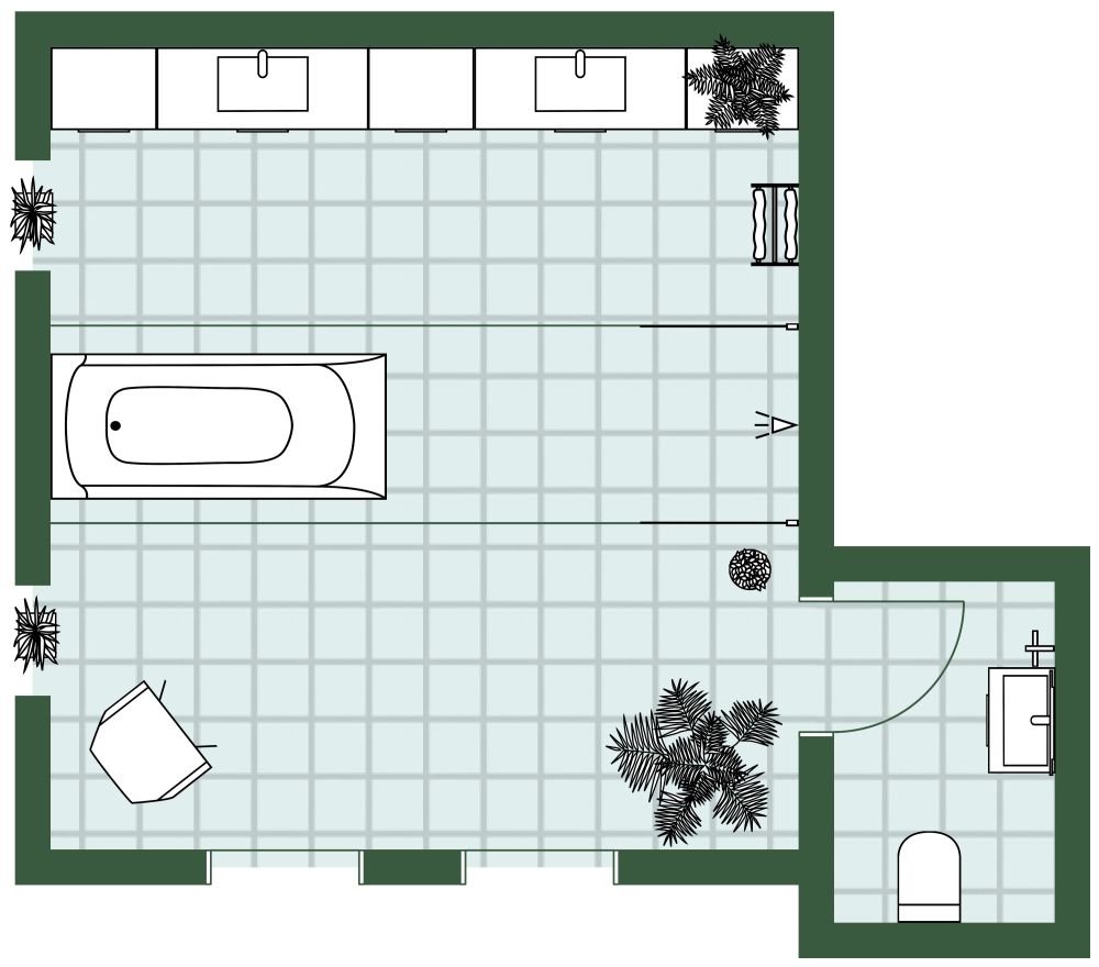 Badezimmerlayout mit grünen Fliesen 2D Grundrisse