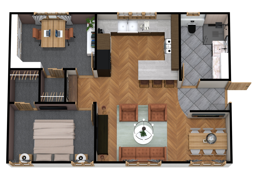 Haus mit 1 Schlafzimmer und Arbeitszimmer 3D Grundrisse