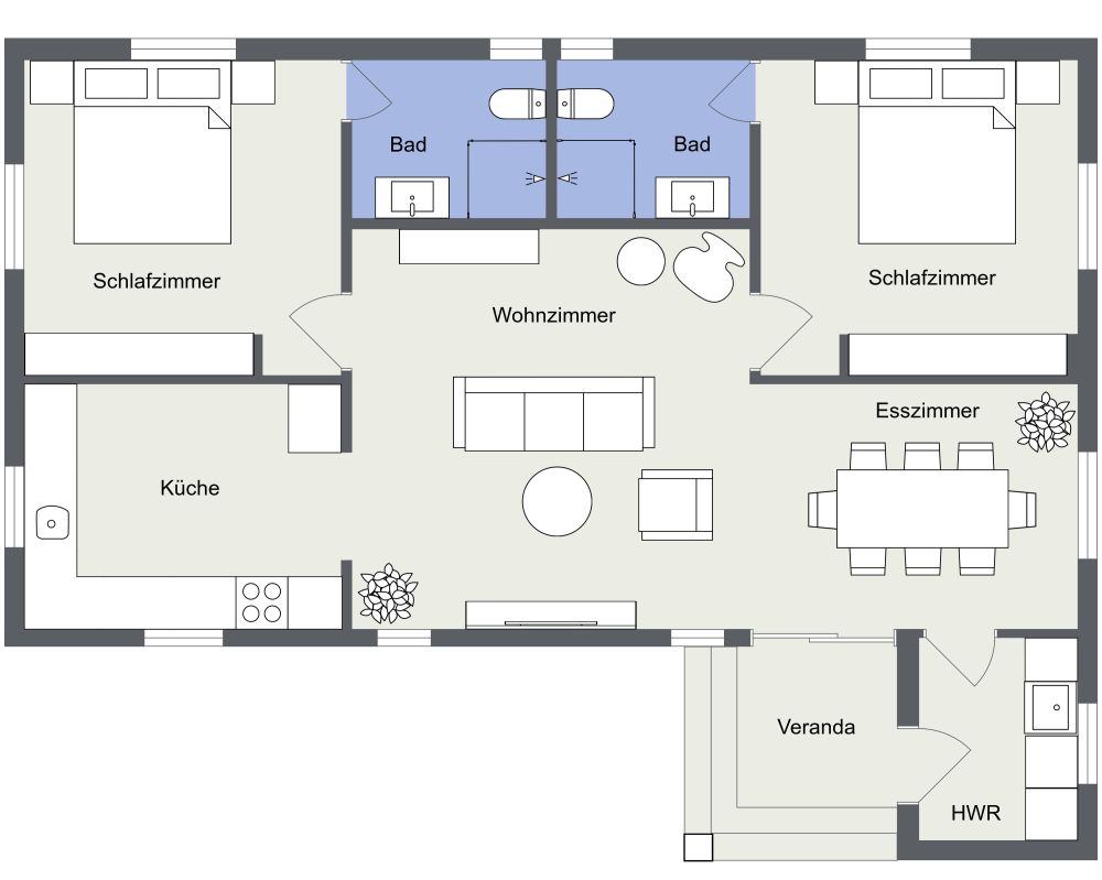 Hausplan mit zwei Schlafzimmern und großer Küche 2D Grundrisse