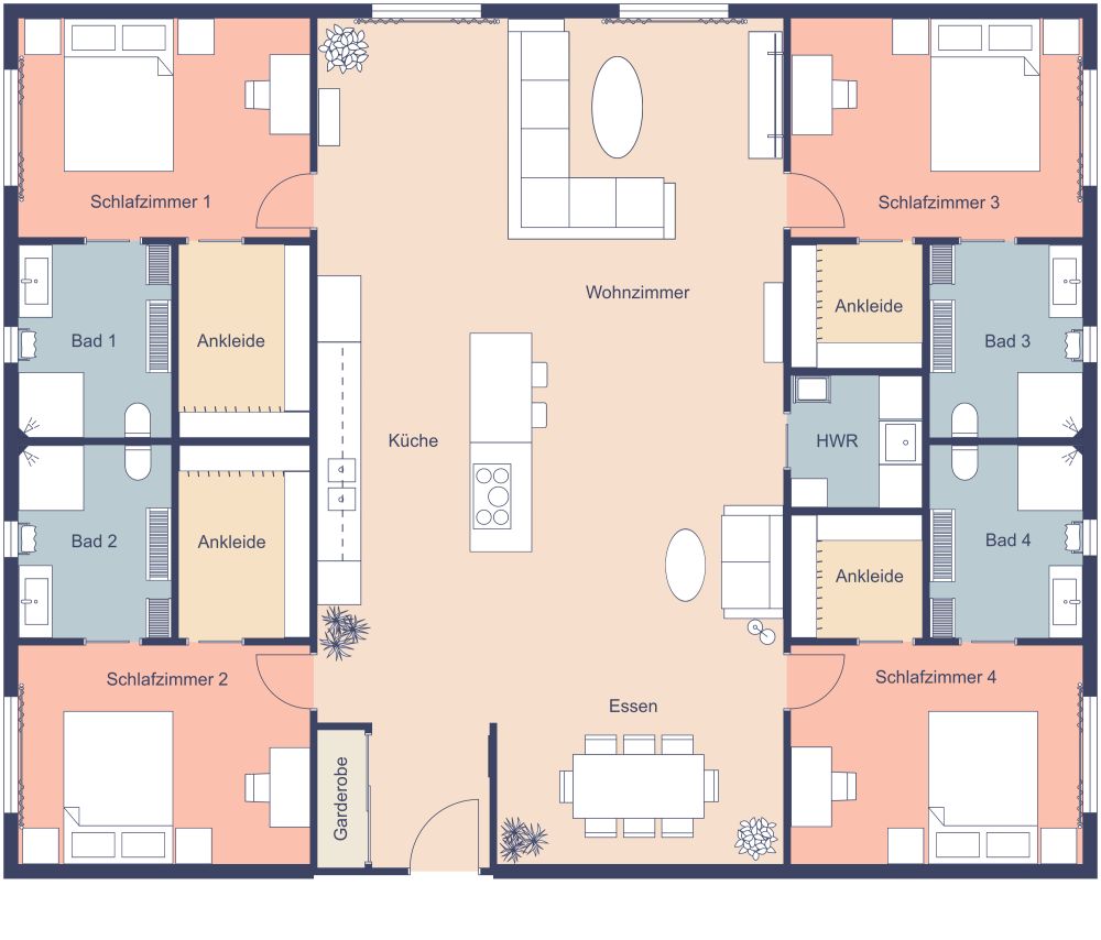 5-Zimmer-Wohnungsgrundriss mit 4 Badezimmern 2D Grundrisse