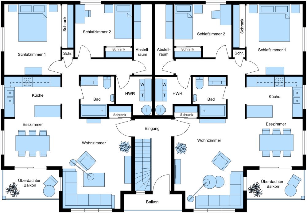 Zweistöckiges Vierfamilienhaus Obergeschoss 2D Grundrisse