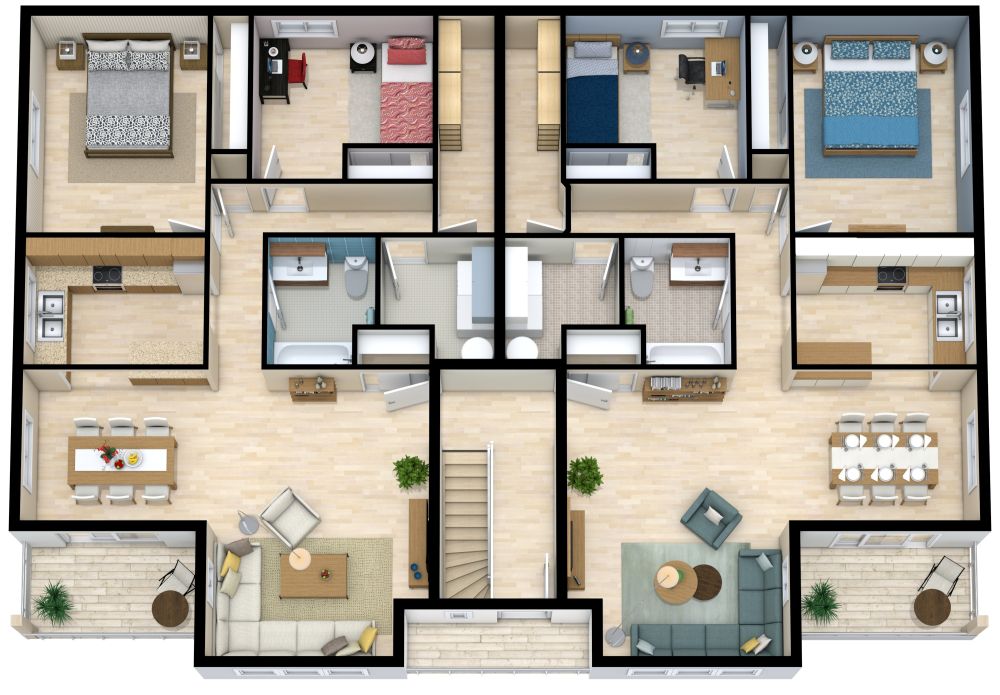 Zweistöckiges Vierfamilienhaus Obergeschoss 3D Grundrisse