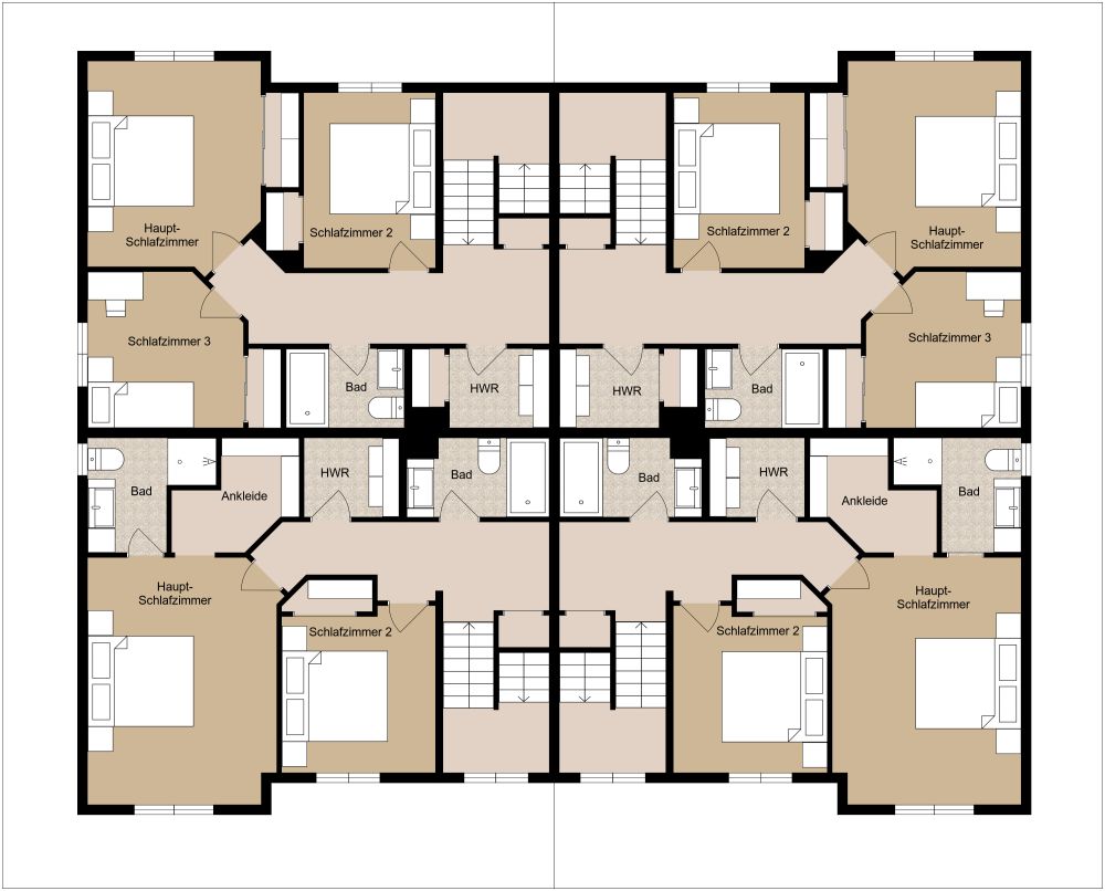 Mehrfamilienhaus-Grundriss 2D, Obergeschoss
