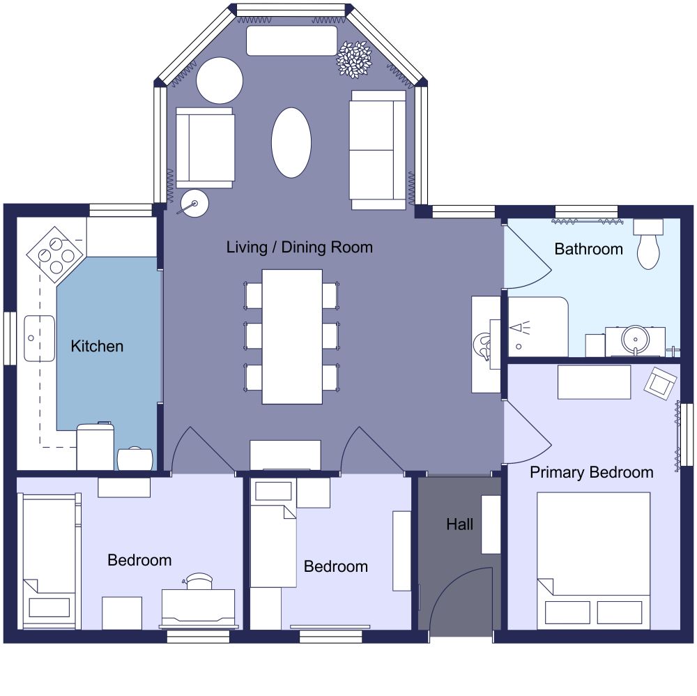2D floor plan of a 3-bedroom cozy cottage with a sunroom. The floor plan is in purple tones, fully and fully furnished. It features a U-shaped kitchen, an open dining/living area, three bedrooms, one bathroom, and a hallway.