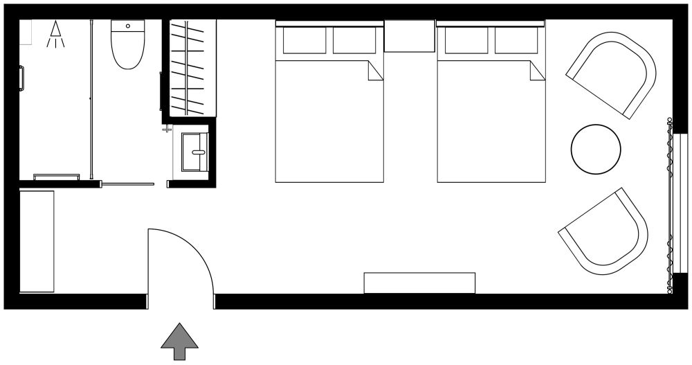 Spacious Twin Hotel Bedroom 3D Layout