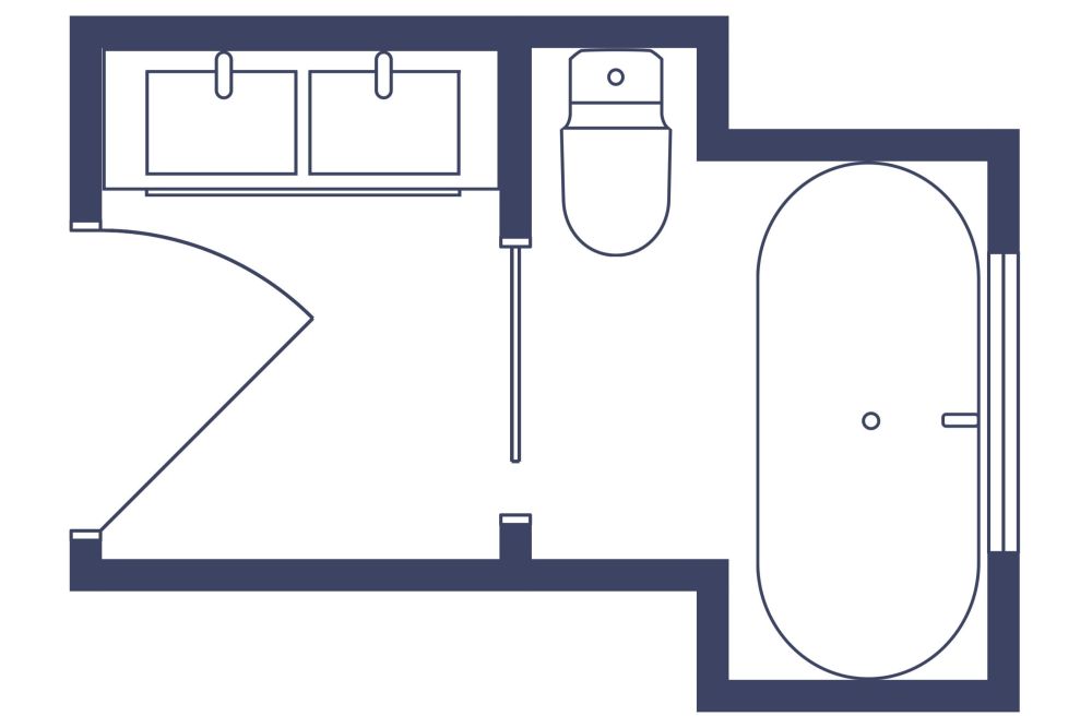 2D bathroom floor plan showing a double vanity near the entrance and a pocket door leading to the bathtub and toilet.