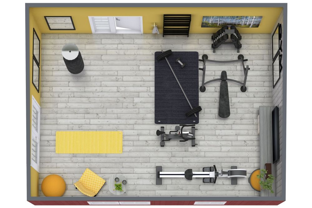 Home Gym Layout with Yellow Accent Colors