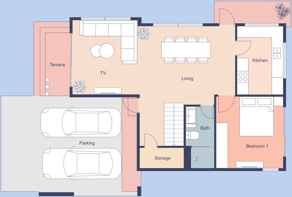 Stylish Five Bedroom Floor Plan With Pink Details, Ground Floor 2D
