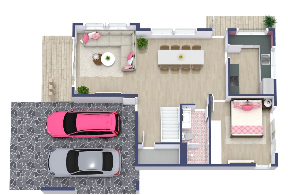 Stylish Five Bedroom Floor Plan With Pink Details, Ground Floor 3D