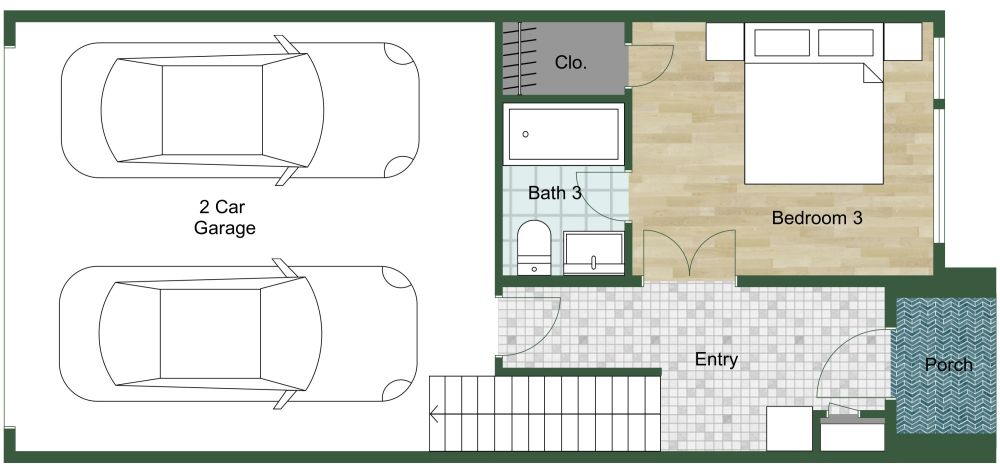 Ground 2D Floor Plan With Large Kitchen and 2 Car Garage
