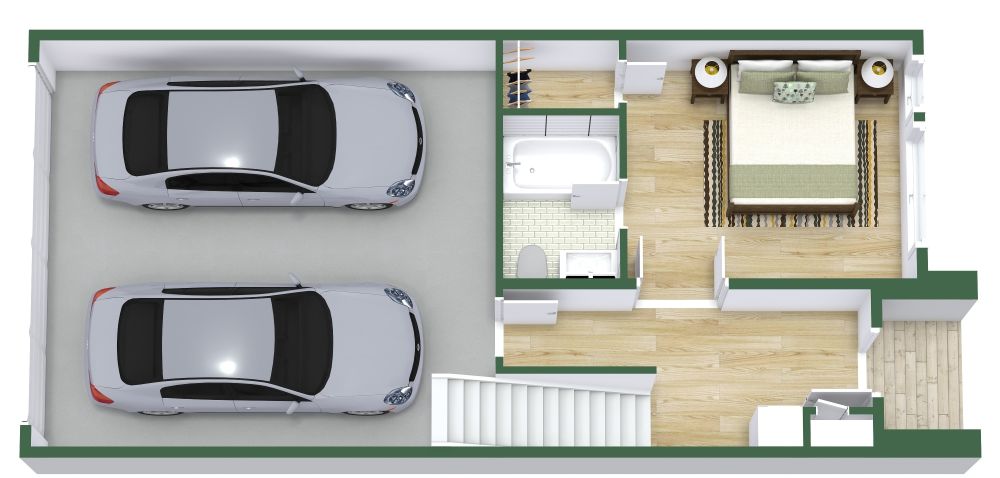 Ground 3D Floor Plan With Large Kitchen and 2 Car Garage