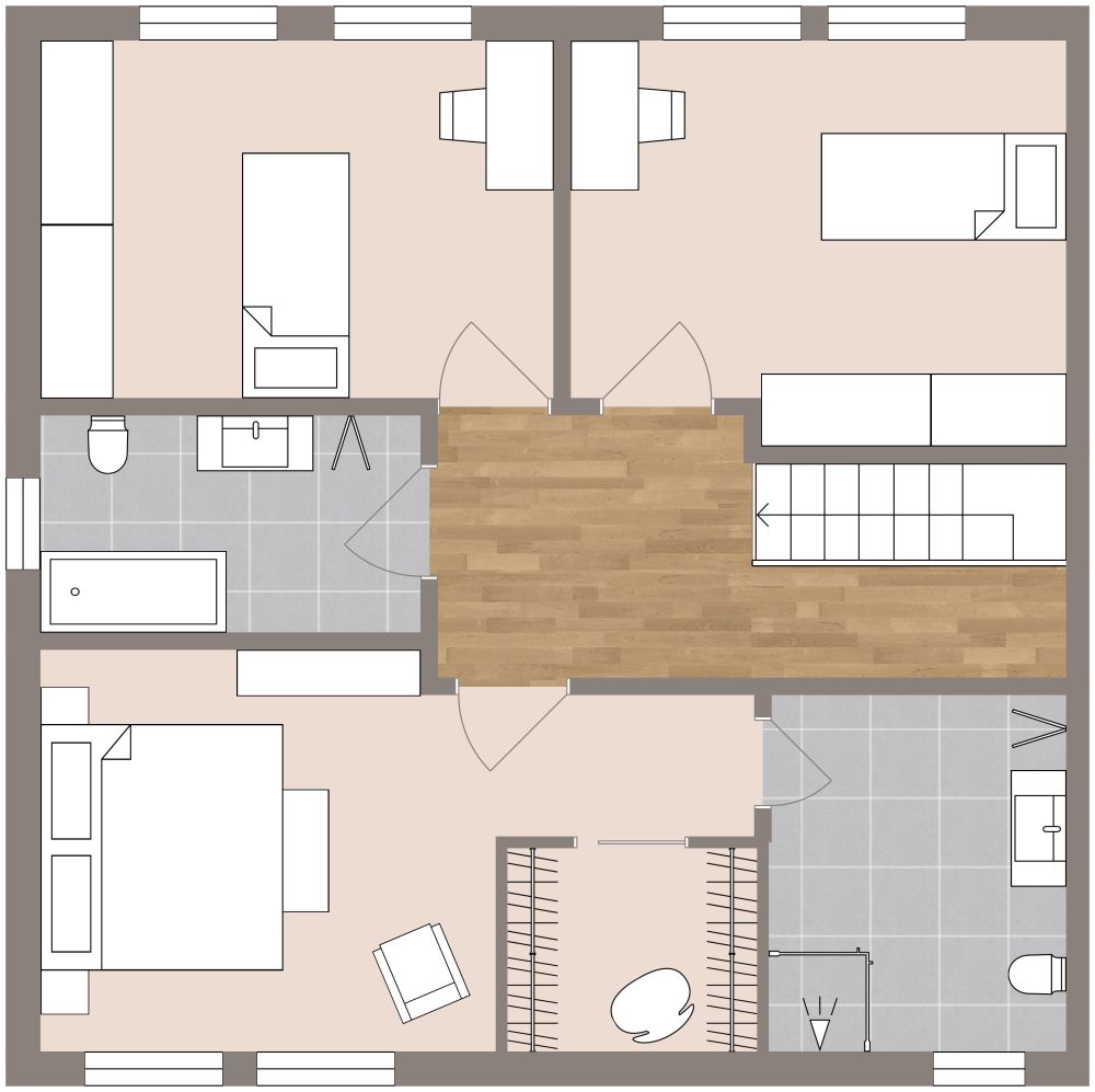 Masculine Style 2D Floor Plan With Large Terrace, First Floor
