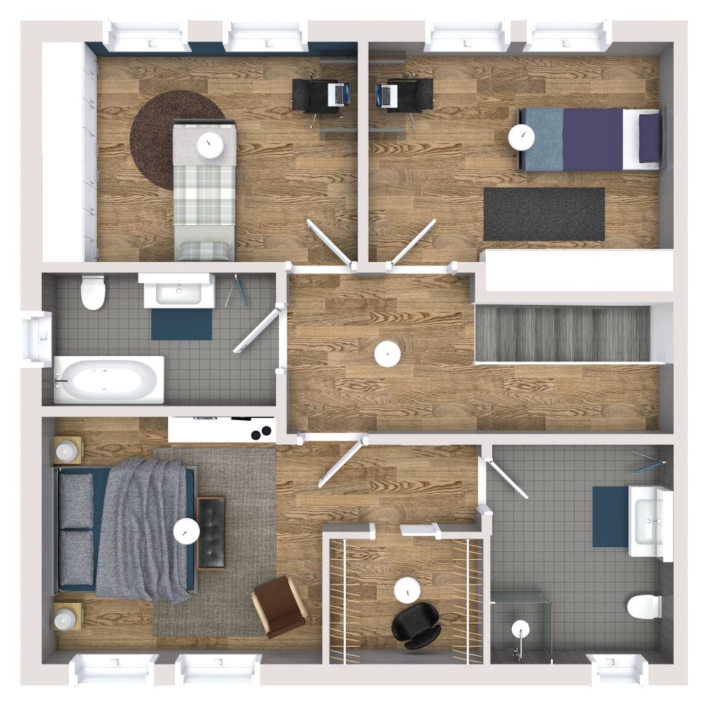 Masculine Style 3D Floor Plan With Large Terrace, First Floor