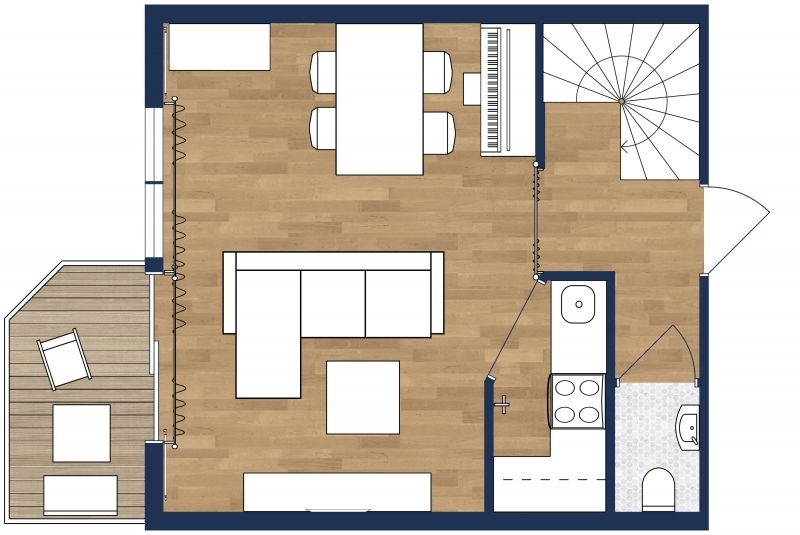 2D ground floor plan showing a corner sofa, dining table, piano, compact kitchen, half bathroom, stairs, and balcony.