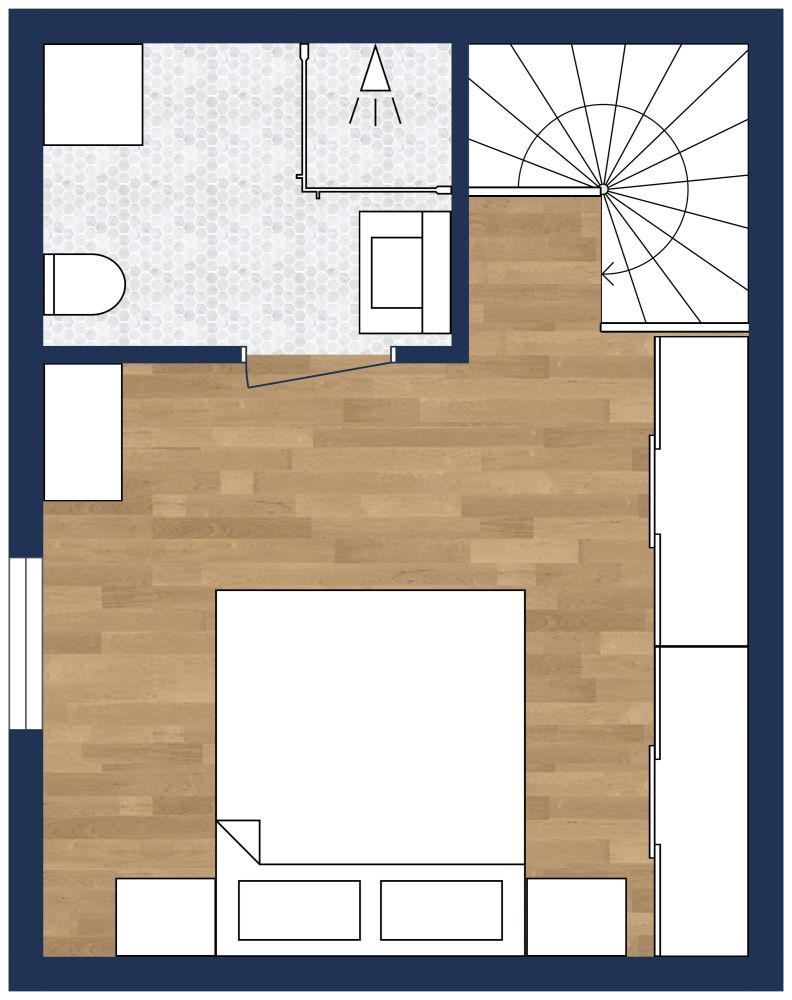 2D upper floor plan showing a bedroom, two closets, curved stairs, and a bathroom with a shower and washer-dryer.