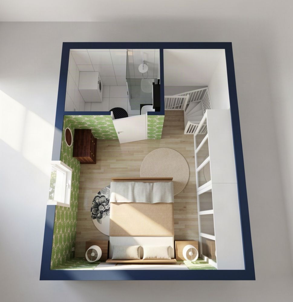 3D upper floor plan with a spacious bedroom, wardrobes, curved staircase, and bathroom with laundry facilities.