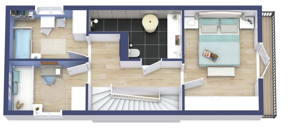 2 Story 3 Bedroom House Plan, First Floor 3D