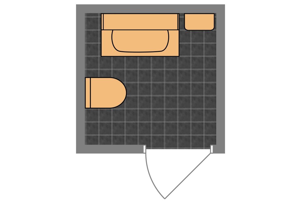 2D powder room floor plan showing a sink opposite the entrance, a toilet along the side wall, and a storage cabinet.