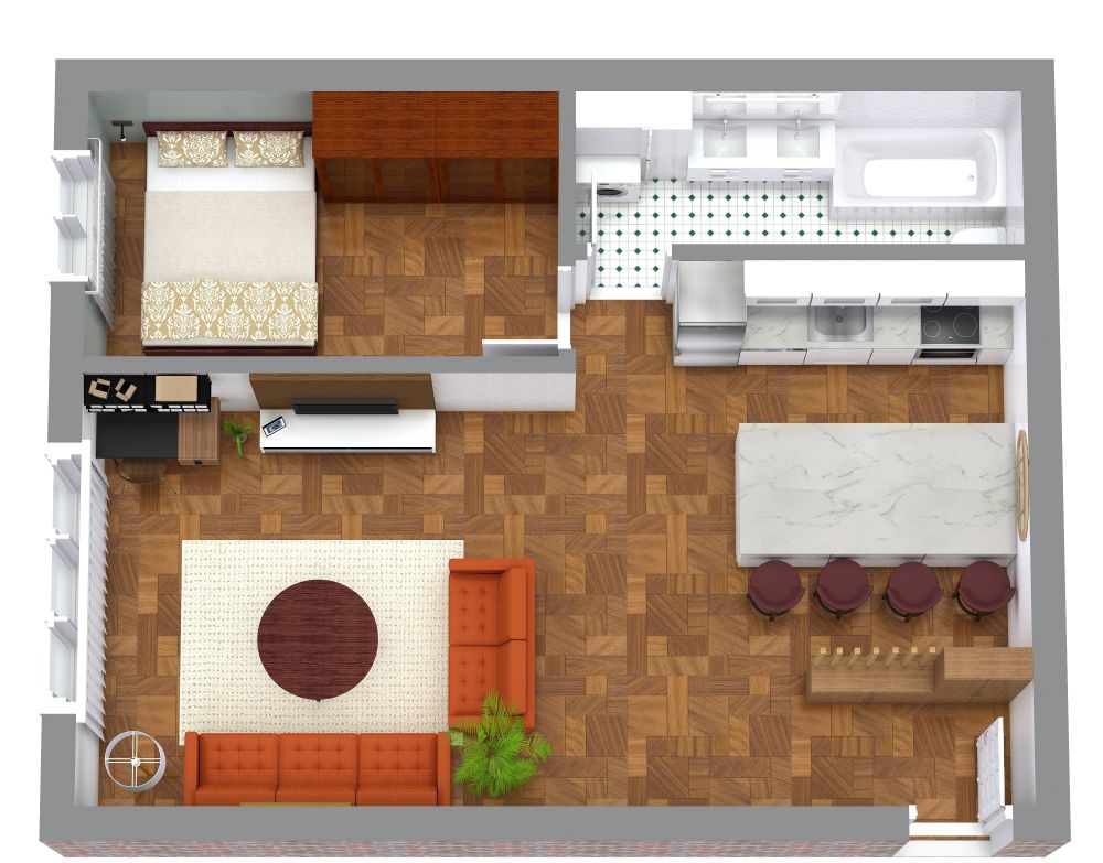 1 Bedroom Floor Plan with Narrow Bathroom and Bathtub