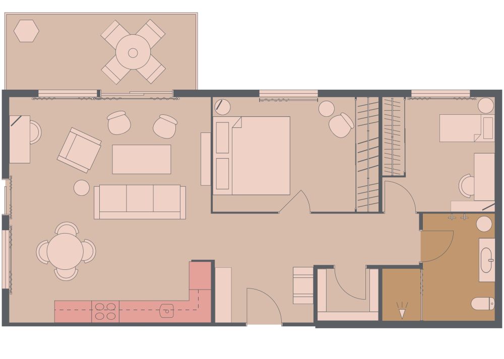2D floor plan of a two-bedroom apartment with open-plan kitchen and living area, one bathroom, balcony, dining area, and a storage room. The 2D floor plan is in blush tones.