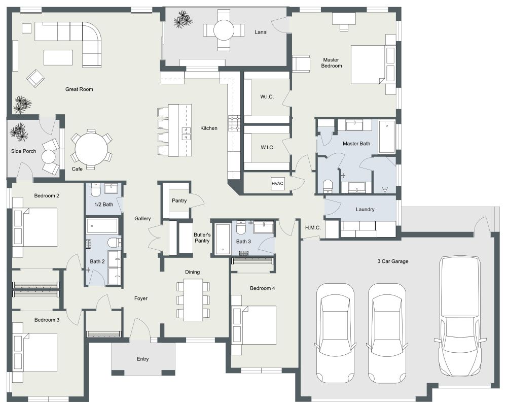 4 Bedroom 2D House Plan With 3 Car garage