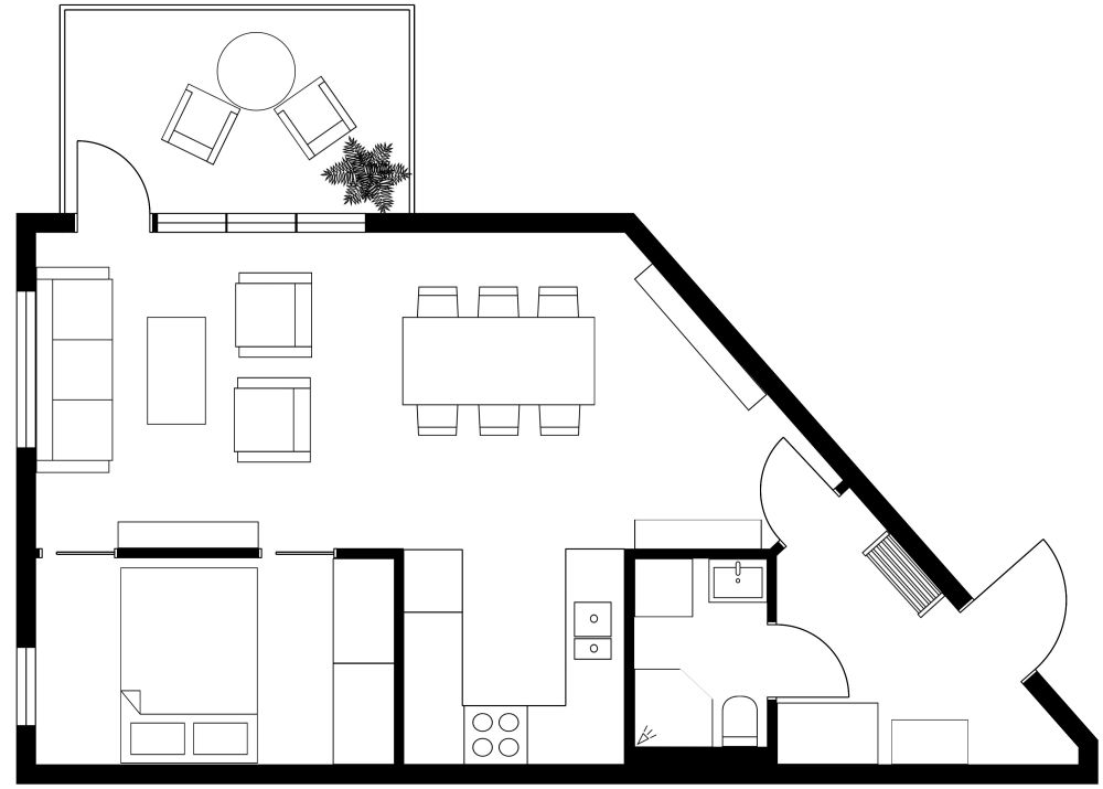 Grundriss für eine 2-Zimmer-Wohnung mit spitzem Winkel 2D Grundrisse