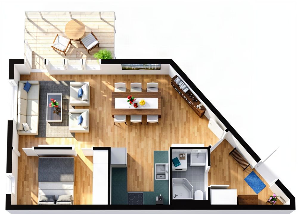 Grundriss für eine 2-Zimmer-Wohnung mit spitzem Winkel