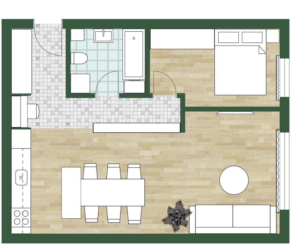 Grundriss für eine geräumige 2-Zimmer-Wohnung 2D Grundrisse