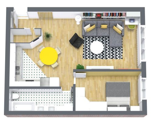 Grundriss für eine 2-Zimmer-Wohnung mit schmalem Bad