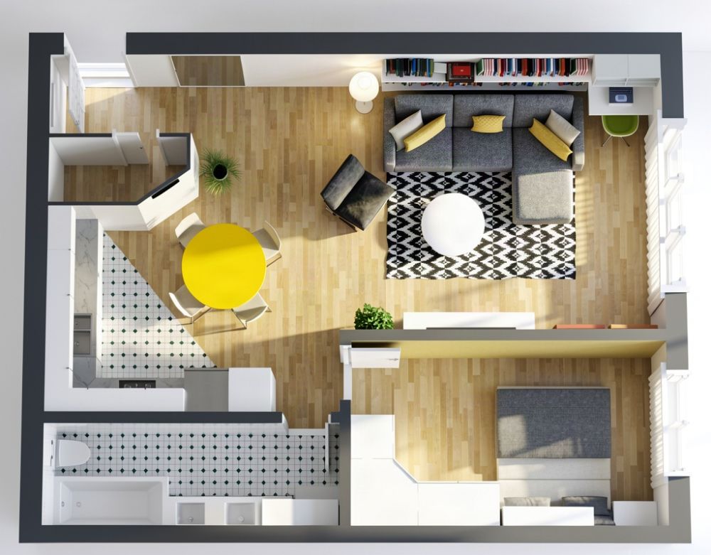 Grundriss für eine 2-Zimmer-Wohnung mit schmalem Bad