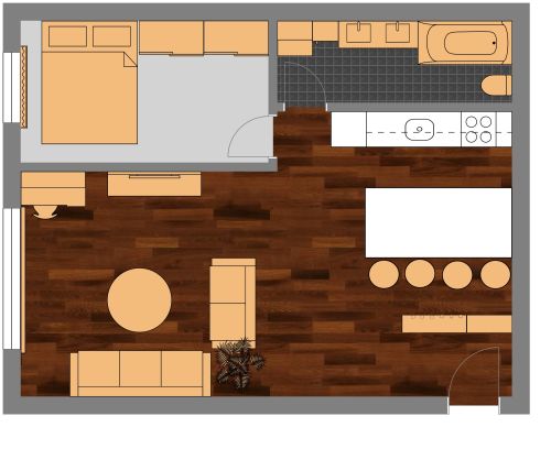 Grundriss für eine 2-Zimmer-Wohnung mit schmalem Bad und Badewanne