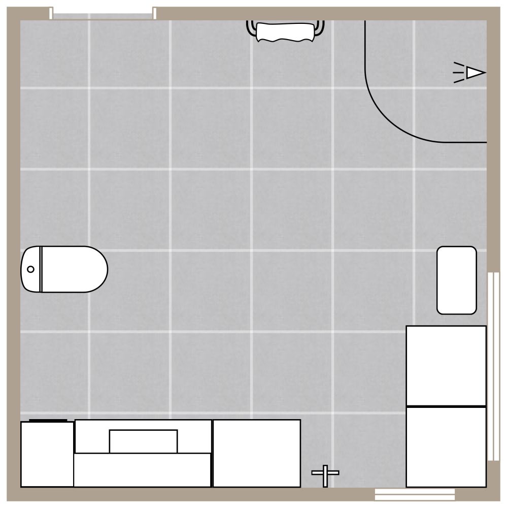 Grundriss für ein quadratisches, mittelgroßes Badezimmer 2D Grundrisse